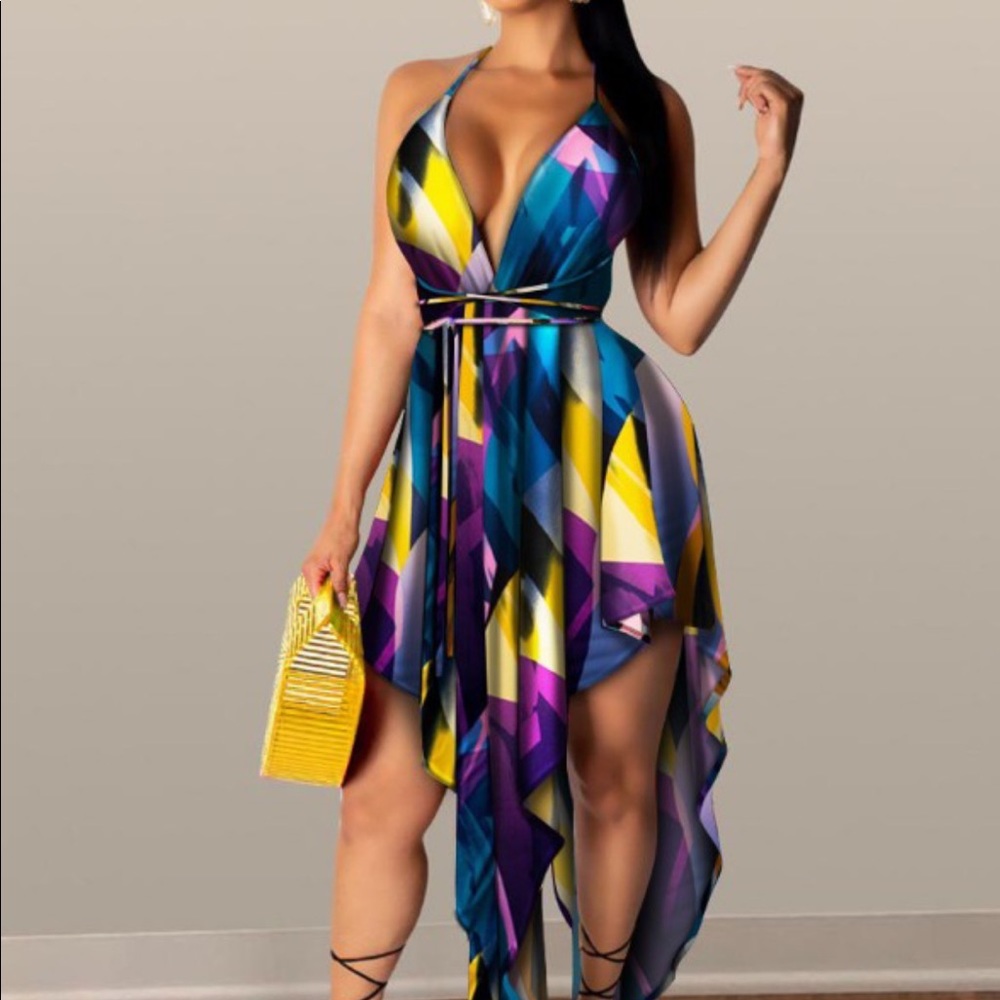 Color block backless asymmetrical dress